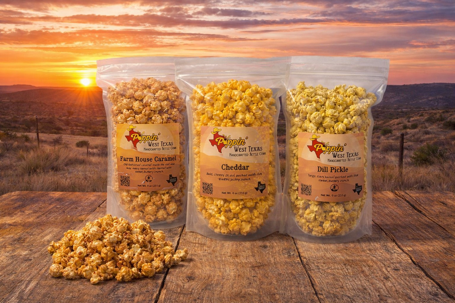 Farm House Caramel, Cheddar, and Dill Pickle popcorn at a West Texas sunset